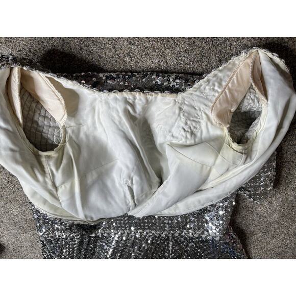 Vintage 60’s 70s Silver Sequin Mermaid Gown Dress Metallic Floral Glam Hollywood - Picture 11 of 12